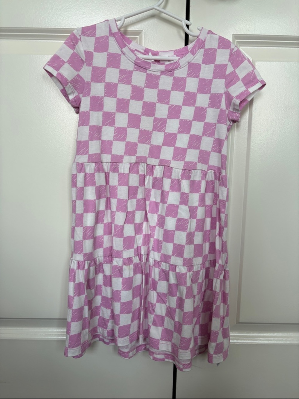 GAP Pink and White Checkerboard Short Sleeve Tiered Dress